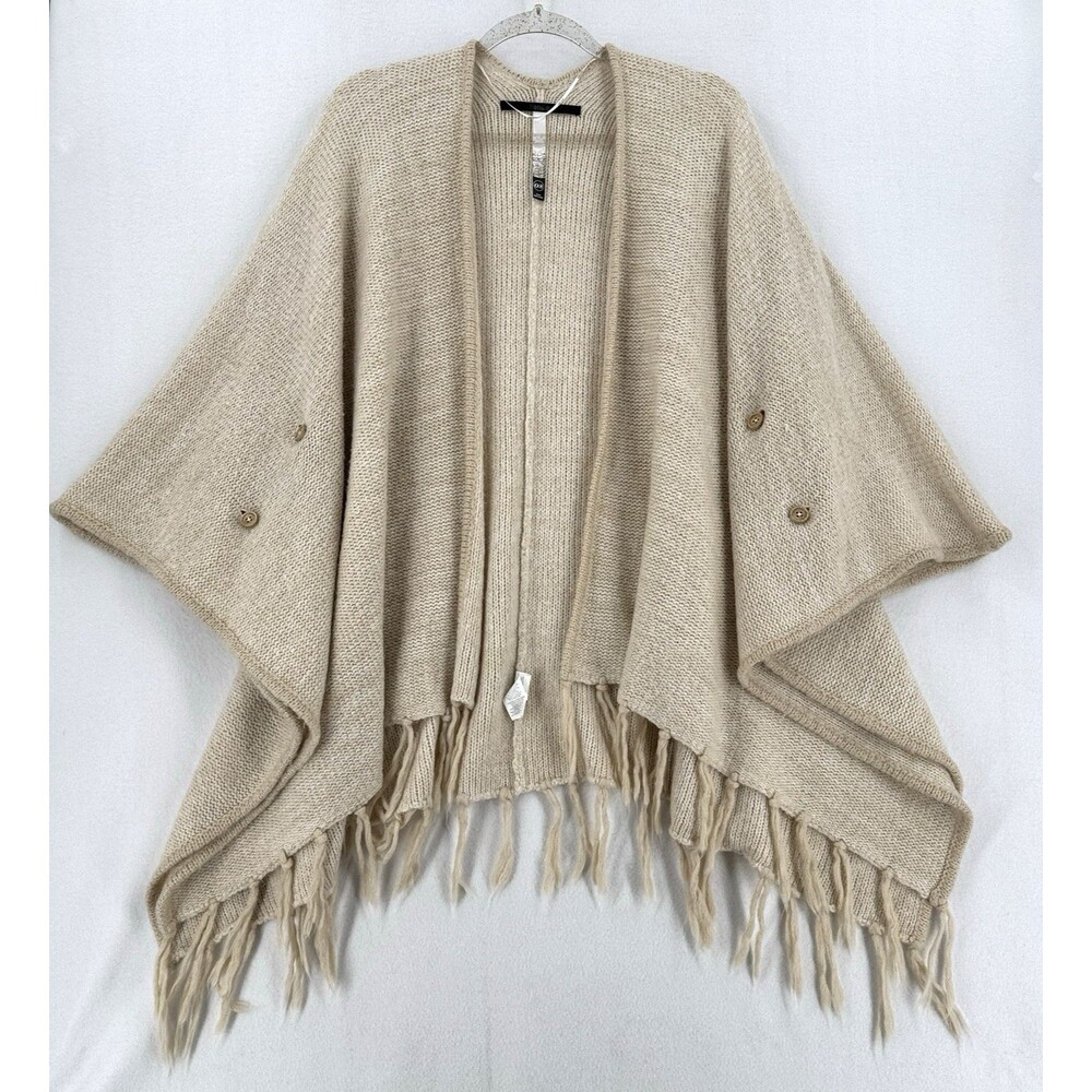 Kensie One Size Cream Knit Poncho Cardigan Fringe Cape Boho Coastal Grandmother